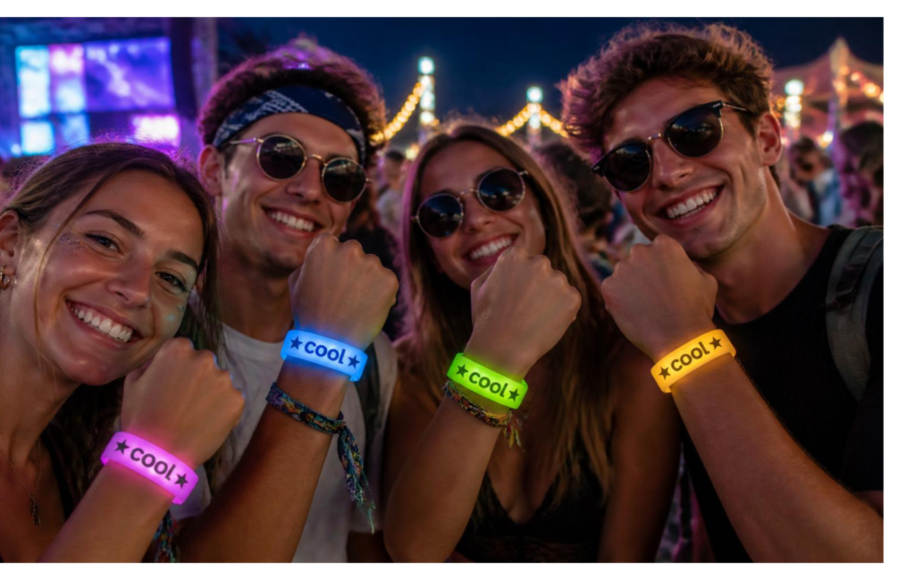 Participants d'un festival portant des bracelets caoutchouc lumineux personnalis&eacute;   