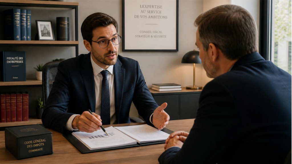 Avocat fiscaliste conseillant un chef d'entreprise dans son cabinet