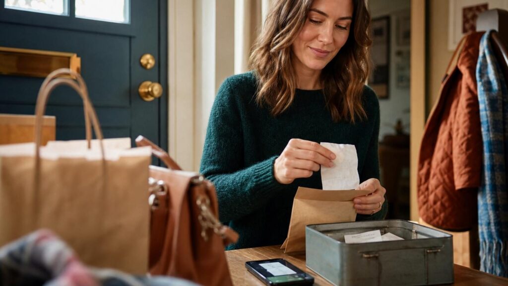 Ticket de caisse imprimé posé sur une table avec un stylo